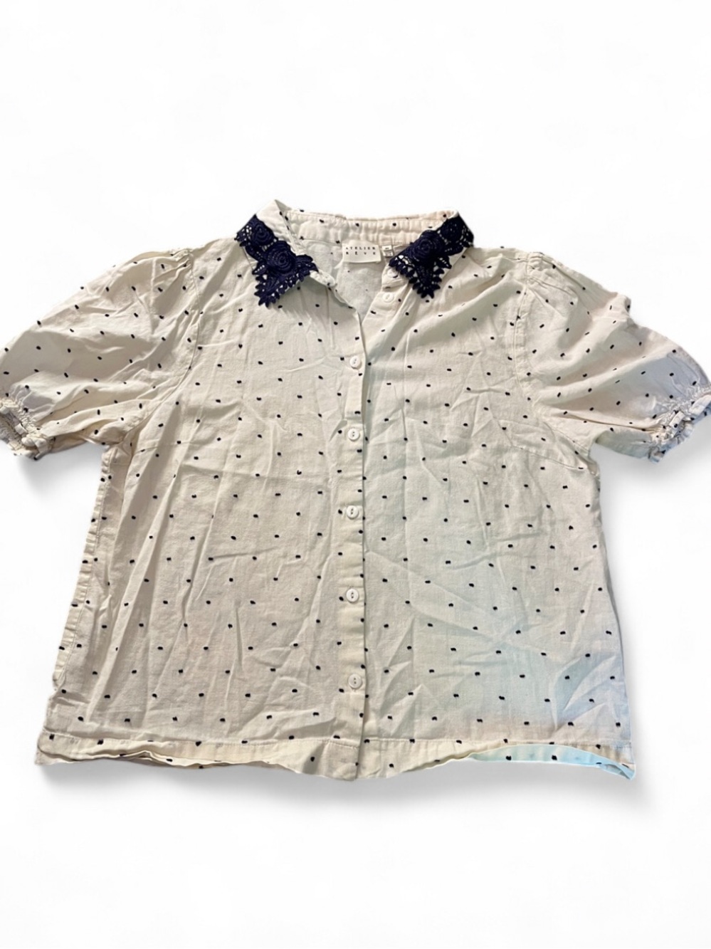 Atelier Rêve size 36 Cream Polka Dot Button-Up Shirt Navy Lace Collar Cotton